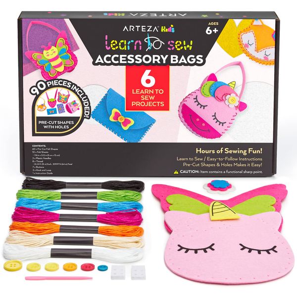 Arteza Kids Hand Sewing Kit, 6 Learn to Sew Accessory Bags, 90 Pieces, Pre-Cut Felt Shapes, Felt Sheets, Plastic Needles, Thread, Buttons, and Hook & Loop, Kids Craft Supplies with Instruction Guide