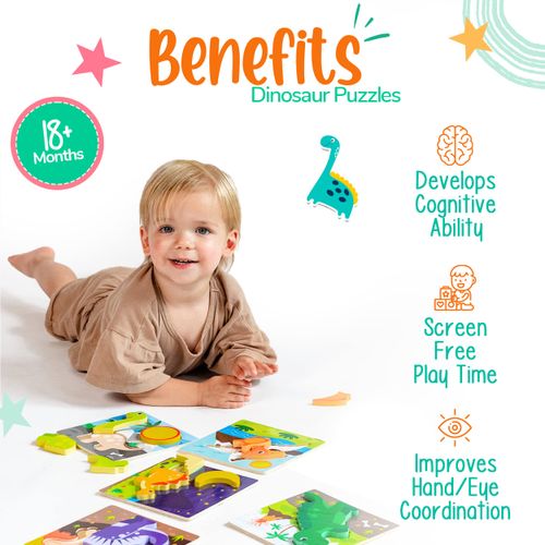 Klevly 6 PK Dinosaur Wooden Toddler Puzzles Ages 2-4 | Wooden Puzzles for Toddlers 1-3 | Montessori Toys for 2 Year Old | Learning Toys for 2+ Year Olds | Educational Toys for 2 Year Old | STEM Toy
