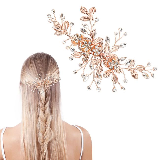 VIKSAUN Rose Gold Hair Clip Wedding Hair Clip, Hair Accessories for Women Handmade Flower Rhinestone Headpiece Hair Pins, Barrette Hair Decorations for Bridal Bridesmaid Girls