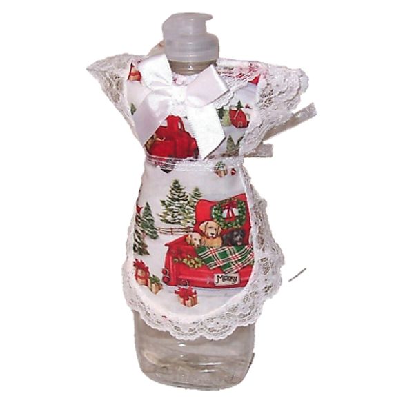 Merry Christmas Dogs in Truck Apron Dish Soap Pancake Syrup, Catsup Bottle Cover