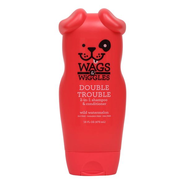 Wags & Wiggles Double Trouble 2-in-1 Dog Shampoo & Conditioner | Cleansing and Nourishing Shampoo and Conditioner for Dogs | Fruity Watermelon Scent, 16 Ounces