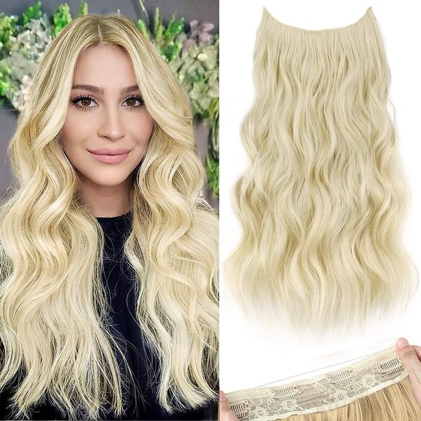 PORSMEER Invisible Wire Hair Extensions with Adjustable Size One Piece Long Wavy Curly Synthetic Hair Pieces with Removable Clips Secret Hair Extension for Women 20 Inch,Natural Light Blonde