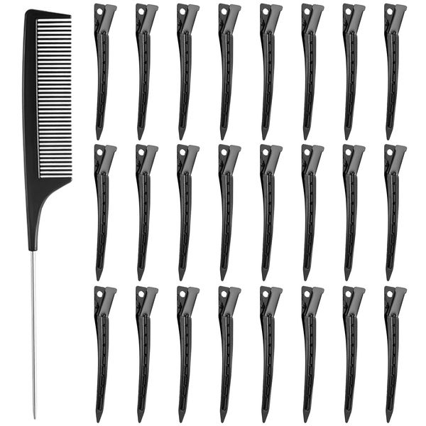 24 Stück 3,5 Zoll EnteBill Haarspangen Haarclips Sektionsclips Friseurbedarf Metall Alligator Clips Friseurzubehör Stahl Haarspangen Segmentierte Clip Lockenclips mit Löchern Mit Kamm (Schwarz)