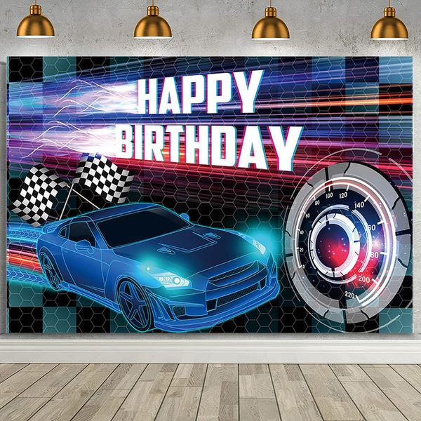 MEHOFOND 8x6ft Car Racing Happy Birthday Backdrop, Racing Party Photo Background for Boys, Cars Party Decorations Car Banner Race Car Birthday Party Supplies Party Decor