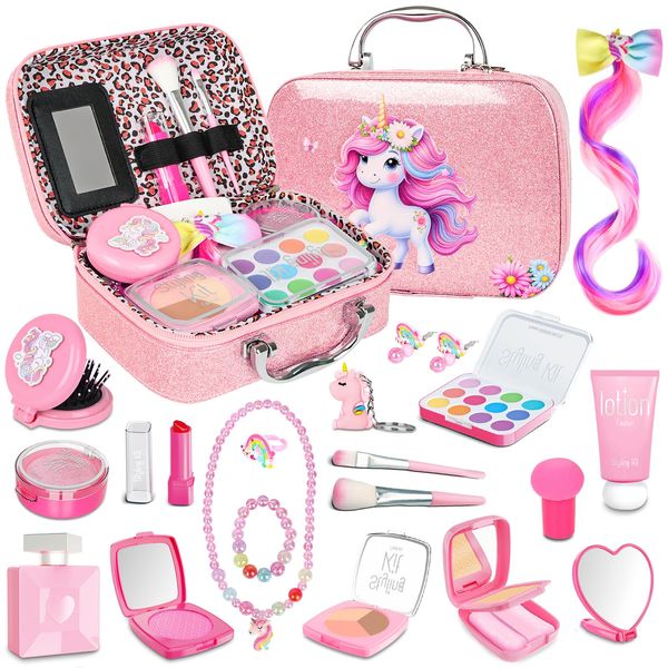 Pretend Makeup for Toddlers, Kids Pretend Play Makeup Set for Little Girls, Fake Toy Makeup Set with Purple Cosmetic Case & Jewelry Set, Birthday for Kids Girls 3 4 5 6 7 8+