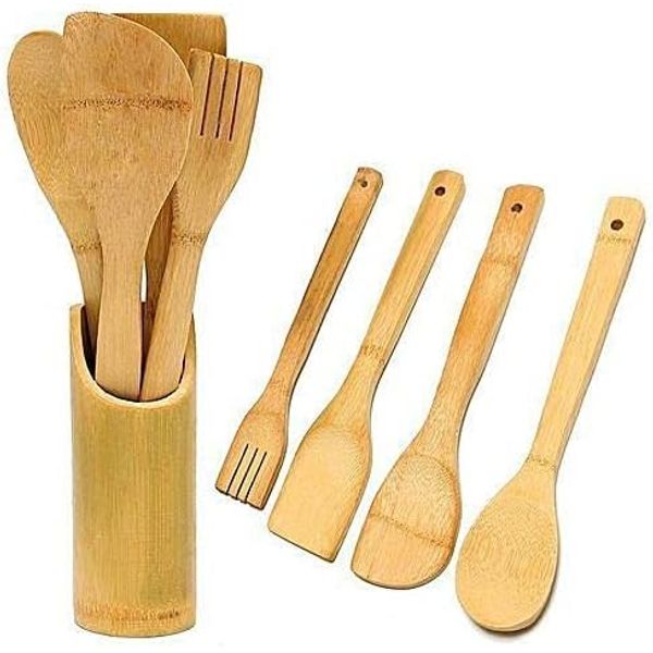 Piece BPA Candy Colours Utensils Set -Ultra Non Stick, Premium Rotating Stand, Turner, Spatula, Spoon, Ladle, Pasta, Space Saving Kitchen Tools (Set 4 Bamboo)