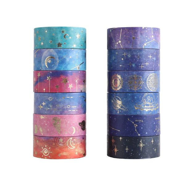 12 Rolls Washi Tape Set, Galaxy Purple Washi Tape Decorative Masking Tape Pastel Scrapbook Tape Aesthetic Gold Foil Washi Tape Stickers for DIY, Bullet Journal, Arts Craft, Gift Wrapping Decoration