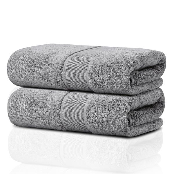 Bath Towels, Set of 2, Fast Absorbent, Quick Drying, Durable, Fluffy, Less Fuzzing, 100% Cotton, Popular, Hotel Specifications, Home, Commercial, Sports, All Seasons, Large, 23.6 x 47.2 inches (60 x 120 cm), Soft Texture, Solid, Scandinavian Style (Light 