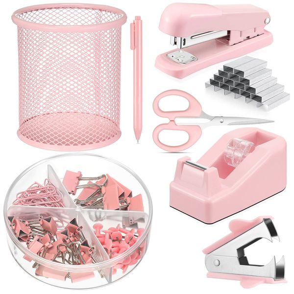 Desk Accessory Kit Office Supplies Set of Stapler, Staple Remover, Binder Clips, Paper Clips, Push Pins, Staples, Ballpoint Pen, Scissors, Tape Dispenser, Pen Holder for Christmas Gift (Pink)