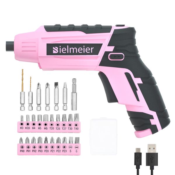 Bielmeier 4V Pink USB Small Power Drill Bit Set for Women,Cordless & Rechargeable with 27 Piece Driver Bit Set,Mini Electric Screwdriver with LED Light and USB Charge