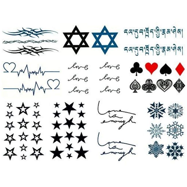 Set of 10 Tattoo Stickers, Stars, Letters, Cards, Clubs, Spades, Diamonds, Hearts, Tribal, Electro - cardiogram, Hexagram, Star, Snow, Crystal, Snowflake, Fancy Dress, Costume, Halloween.