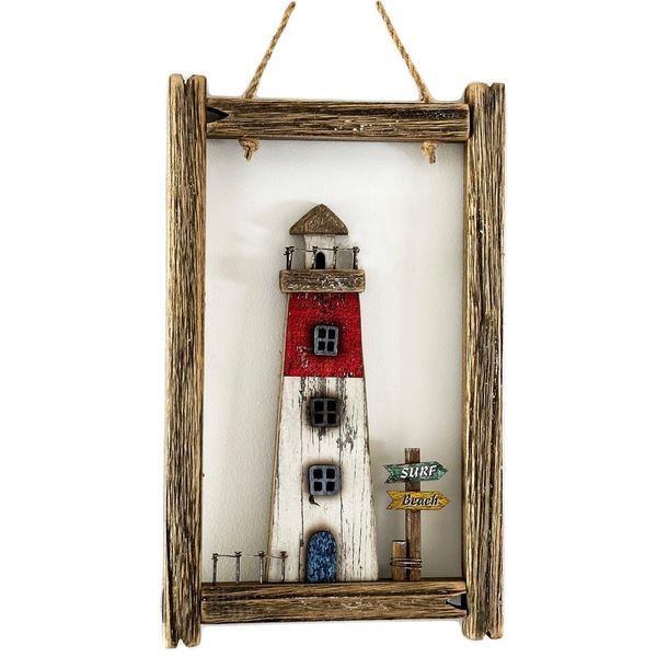 Framed Coastal Lighthouse Wall Decor Rustic Wood Hanging Rectangle Nautical Gift 18x30cm