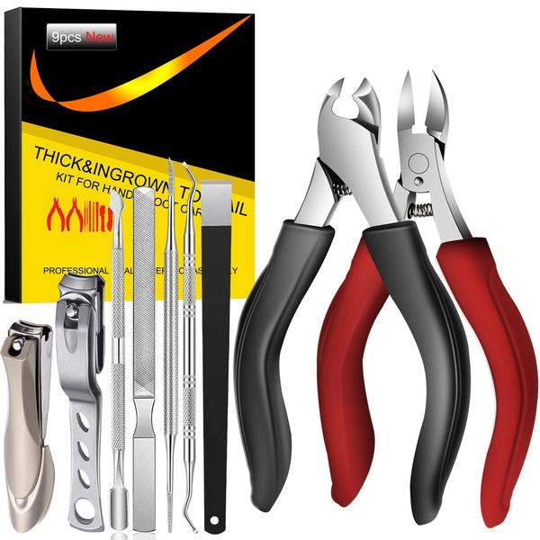 Professional Toenail Nail Clippers, Super Sharp Nail Clippers for Thick & Ingrown Strong Toenails, Stainless Steel Pedicure Foot Care Nail Clippers, 9 Piece Set Nail Scissors with Nail File (9 Pieces