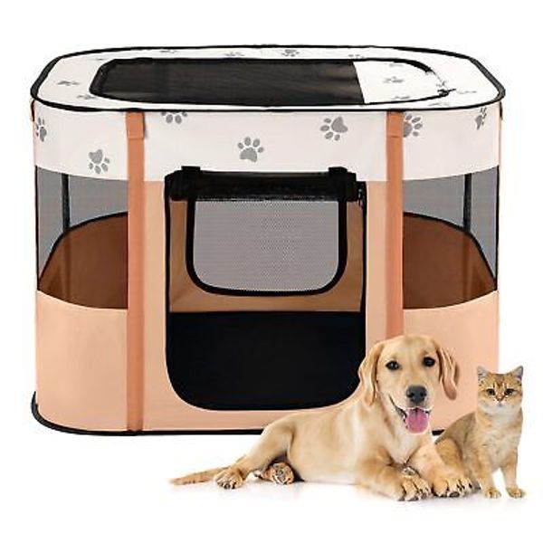 Portable Dog Cat Playpen, Foldable Pop Up Pet Play Pen Travel Crate with Floo...