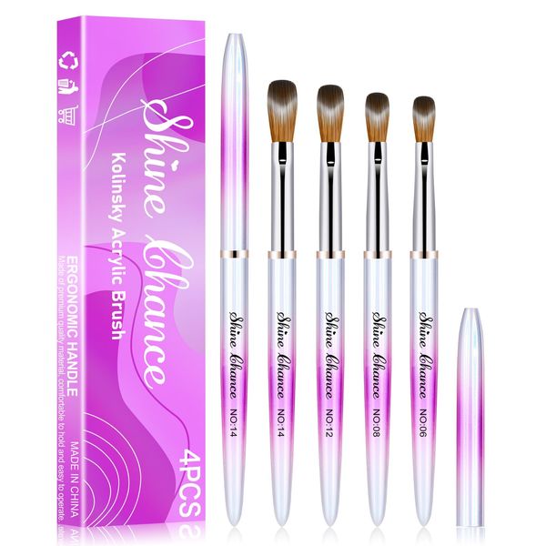 Shine Chance 4Pcs Acrylic Nail Brushes Set, Kolinsky Acrylic Nail Art Brush, Art Design & Polish Mistake Cleaning Manicure Tools for Women Acrylic Application (Size 6 8 12 14)