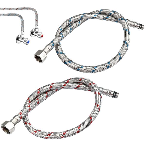 2 Stück 60 cm Anschlussschlauch Armatur,G3/8 x M10 Flexschlauch Verlängerung,Wasserhahn Schlauch Verlängerung,Geflochtener Edelstahl Panzerschlauch 3/8 Zoll für Mischbatterie Küchenarmatur,Rot & Blau