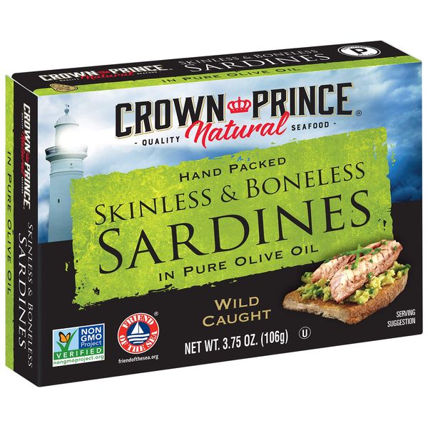 Crown Prince Natural Skinless & Boneless Sardines in Pure Olive Oil, 3.75-Ounce Cans (Pack of 12)