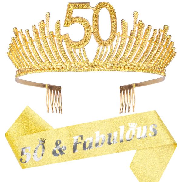 50th Birthday Gifts for Women, 50th Birthday Tiara and Sash, HAPPY 50th Birthday Party Supplies, 50 Fabulous Glitter Satin Sash and Crystal Tiara /Crown, 50th Birthday Party Decorations