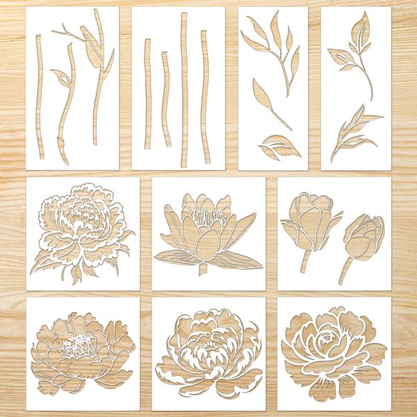 Flower Stencils for Painting Reusable - 10 Pieces Captivating Peony Sunflower Lotus Crafts Stencil for Wall Wood Window Holiday DIY Creative Partner