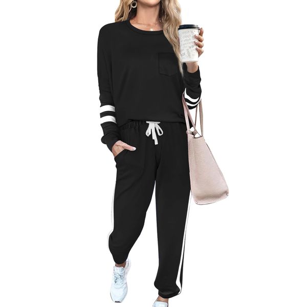 RUBZOOF Lounge Sets for Women 2 Piece Tracksuits Long Sleeve Fall Outfits Loungewear Set Black L