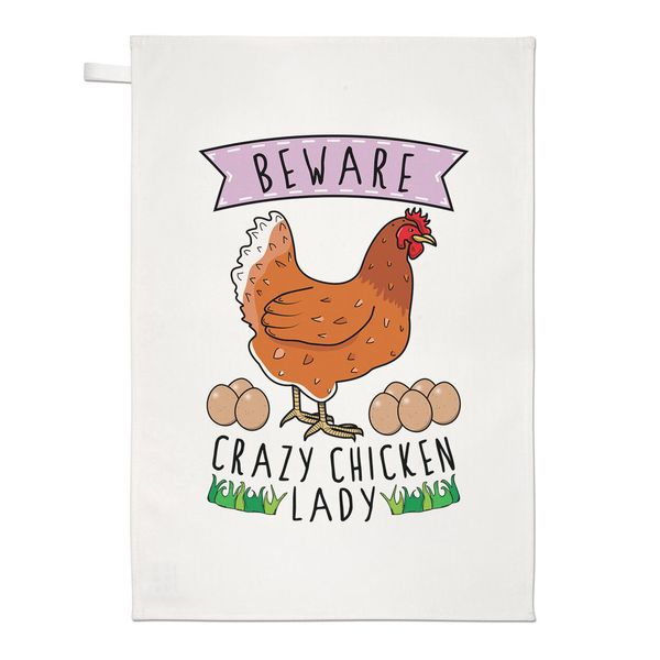 Beware Crazy Chicken Lady Tea Towel Dish Cloth - Funny Animal Pet