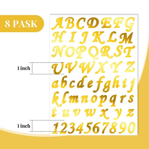 Spakon 8 Sheets Vinyl Letter Stickers Self Adhesive Alphabet Stickers Mailbox Letters Numbers Decals for Back to School DIY Crafts Sign Notebook Classroom Decor(1 Inch,Gold)