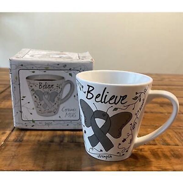 BRAIN CANCER/ ASTHMA/ MENTAL HEALTH AWARENESS GRAY RIBBON CERAMIC MUG w/BOX NEW