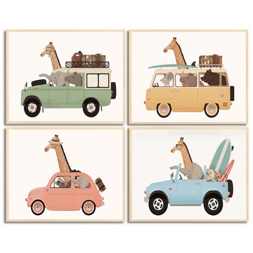 Car Animal Nursery Wall Art Funny Giraffe Animals Driving Cars Traveling Poster Canvas Print Transportation Vehicle Painting Watercolor Picture Wall Decor Artwork for Boy Kids Theme Room 12X16in