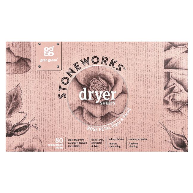 Stoneworks, Dryer Sheets, Rose Petal, 80 Compostable Sheets