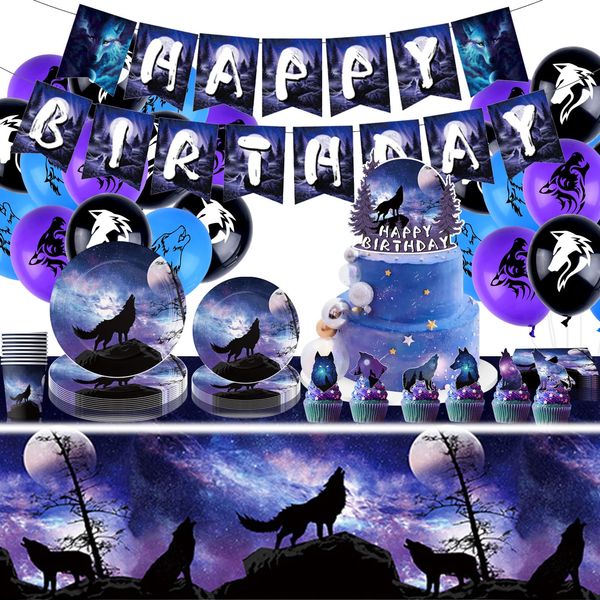 95Pcs Wolf Party Supplies Serves for 10 Guests, Wolf Plates Napkins Paper Cups Tablecloth Banner Balloons Cake Toppers for Boys Girls for Galaxy Wolf Birthday Party Decorations