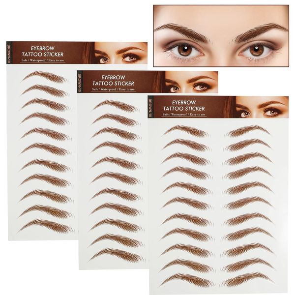 3D Eyebrow Tattoo Stickers, 3 Sheets, Light Brown, Peel Off Eyebrow Transfers