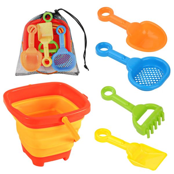 NQEUEPN 6pcs Beach Toys Set for Toddlers Age 3-5, Collapsible Bucket with 4 Shovels Sand Toys & Mesh Bag Portable Foldable Pail Bucket Beach Sand Toys for Kids Fishing Summer Activities (Orange)