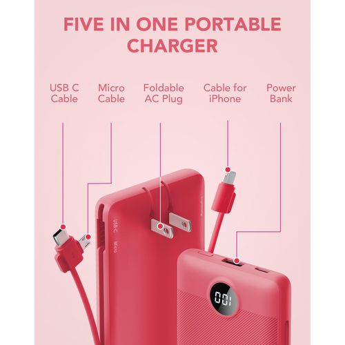 Portable Charger Built-in Cables and AC Wall Plug, VRURC USB C Power Bank 10000mAh, Travel Battery Portable Phone Charger Compact Lightweight External Battery Pack for SmartPhones,Tablets-Viva Magenta