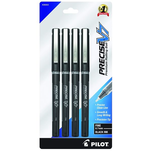 Pilot, Precise V7, Capped Liquid Ink Rolling Ball Pens, Fine Point 0.7 mm, Black, Pack of 4.