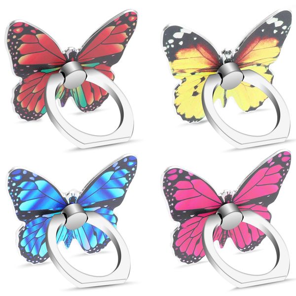 WLLHYF 4 PCS Butterfly Cell Phone Ring Holder Zinc Alloy Cute 360°Rotation Metal Finger Pattern Painted Universal Phone Ring Holder Compatible for All Smartphone