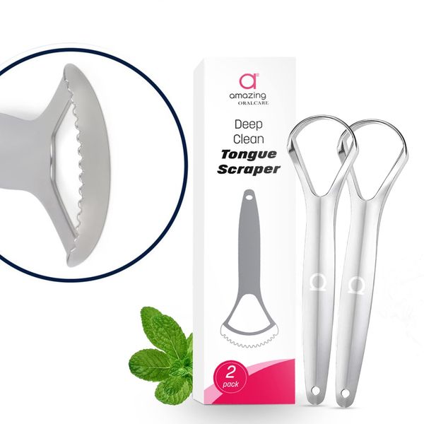 Deep Clean Tongue Scraper- Double-Ended - Flat + Serrated Edge Design, (2pk) Stainless Steel, by Amazing Oralcare