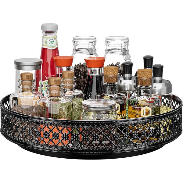 OVICAR Lazy Susan Organizer Turntable - 11 inch Rotating Spice Rack Metal Lazy Susan for Cabinet Pantry Kitchen Countertop Dining Table Cupboard Bathroom Refrigerator Vanity Black