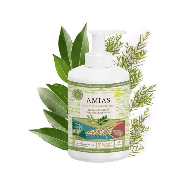 Duschgel | AMIAS Teebaumöl & Lorbeer Seife | Vegan, frei von Palmöl, SLS; SLES; Silikon, Parabenen | Inhaltsstoffe 88% natürlichen Ursprung | Bio Olivenöl |GreenPE verpackt (Teebaum)