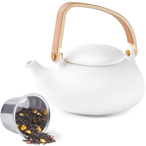 ZENS Modern Japanese Teapot with Infuser, 800ml Matte Ceramic Loose Leaf Teapot with Strainer for Tea Steeper, Wood Handle Aisan 2 Cup Hot Tea Brewing Pot for Women Tea Lover Gifts