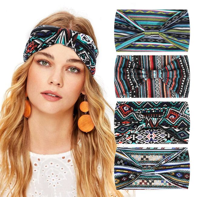 TAGVO Boho Headband Women Sweat-Wicking Hairband, 4 Pcs Wide Knot Hair Bands Floral Printed Hair Scarf Turban, 4Pcs Turban Soft Flower Cotton Headbands for Women's Hair