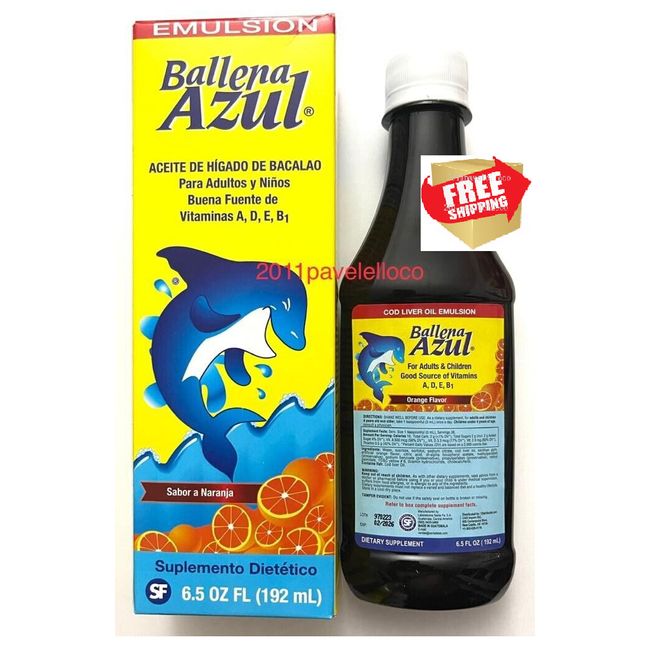 Orange EMULSION BALLENA AZUL COD LIVER OIL ACEITE DE HIGADO DE BACALAO 6.5 OZ FL