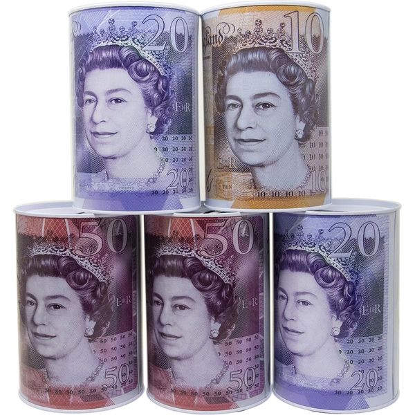 Set Of 5 Pound Note Design Money Tin - Piggy Bank Box Savings Coins Cash Change | Sterling Money Pot Tinplate Saving Money Box | £5 £10 £50 £20 Size 15cm x 10cm