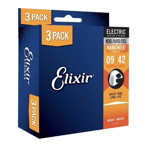 Elixir Strings Electric Guitar Strings with NANOWEB Coating, 3 Pack, Super Light .009-.042 (16540)