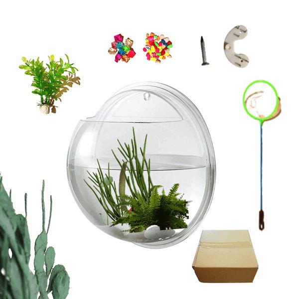 Creative Acrylic Hanging Wall Mounted Fish Tank, Hanging Bowl for Water Plants, Wall Fish Bubble Tank, Hydroponic Air Plant Flower Pot, Mini Aquarium Planter, Home Decor, Fake Plants Nail Stone Etc