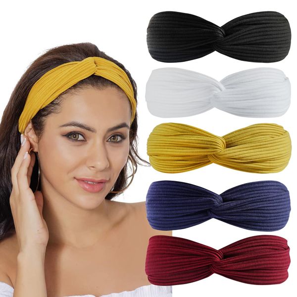 scicent Haarband Damen 5 Stück Stirnbänder Einfarbig Haarreifen Headwrap Turban Elastische Headbands Bandana Vintage für Alltag Yoga Sport, 13410