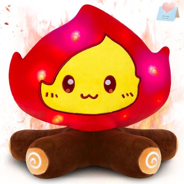 FunBase 12'' Light-Up Campfire Plush Toy Cute Soft Bonfire Pillow Pretend Camping Play Camping Room Decor Camping Party Decorations Gift for Kids