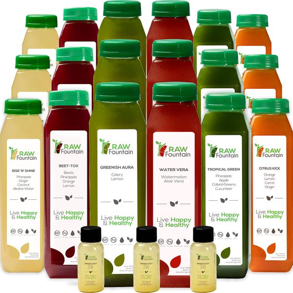 5 Day Juice Cleanse by Raw Fountain, Tropical Flavors, All Natural Raw, Cold Pressed Fruit and Vegetable Juices, Detox Cleanse, 30 Bottles 12oz, 5 Bonus Ginger Shots