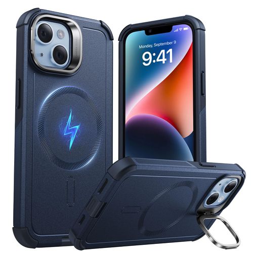 ESR for iPhone 13 and iPhone 14 Case with Stand, 23 ft Military-Grade Drop Protection Heavy Duty Magnetic Phone Case, Compatible with MagSafe Accessories, Cyber Series, Blue