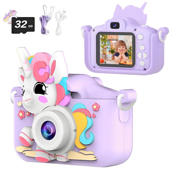 Kids Camera, AWANKOU Kids Selfie Camera for Girls Christmas Birthday Gift, 1080P Digital Camera Toddler Camera Toys with Soft Silicone Case, 32GB Video Camera for Kids 3-12Year Old (Unicorn Camera)