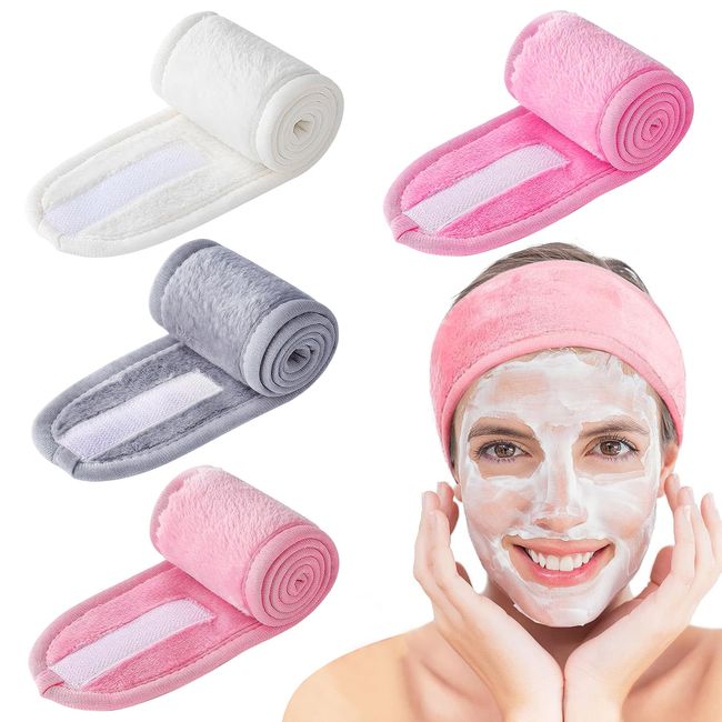 RYMAUP® 4er-Pack Spa-Stirnbänder für Damen, verlängerte, verstellbare Make-up-Stirnbänder für Damenhaare, Stretch-Flanell-Stirnband zum Waschen des Gesichts, Wickeltuch